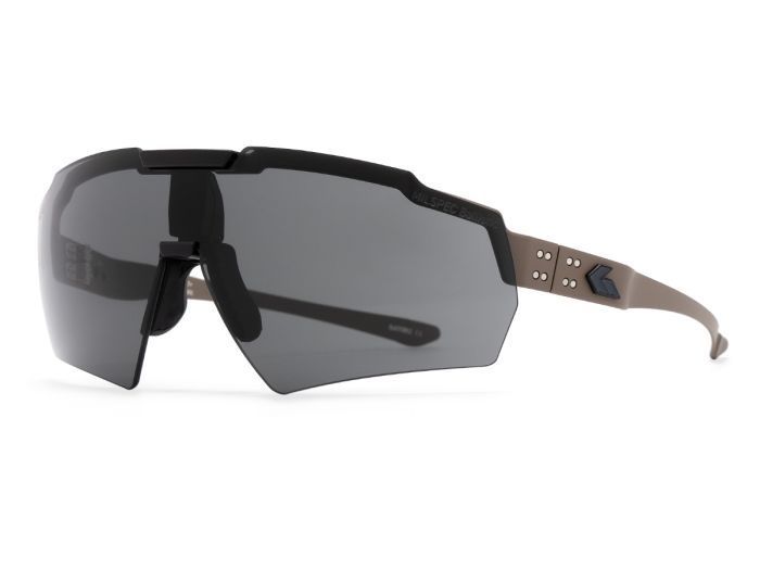GATORZ-MILSPEC-BALLISTIC-BLASTSHEILD-TAN-WITH-BLACK-LOGO-ANGLED-FRONT-VIEW