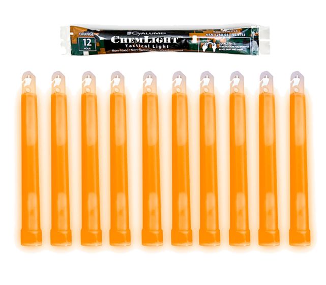10 (TEN) - 12 Hour 6” Military ChemLight (15cm) Orange lightstick (Cyalume® Branded)