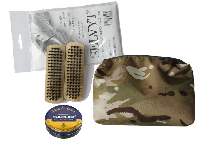 Boot / Shoe Care Kit (Zipped MTP Pouch, Brown Saphir Beaute Du Cuir Parade Gloss, Selvyt + 2 Brushes)