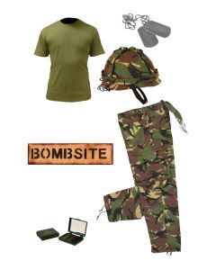Kids Army Camo Pack 10 - Tshirt, Pants, Helmet, Dog Tags, Camo Paint and Bombsite Sign 