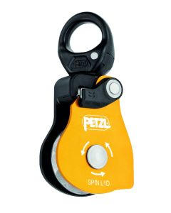 Petzl SPIN L1D pulley in yellow, shown in full front view with swivel and side plate closed.