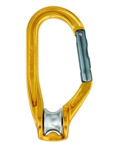 A yellow aluminum pulley-carabiner (ROLLCLIP A) by Petzl, featuring a grey non-locking gate and a built-in sheave at the bottom for rope movement.