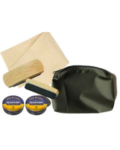 Boot / Shoe Care Kit (Zipped Green Pouch, Black and Brown Saphir Beaute Du Cuir Parade Gloss, Selvyt + 2 Brushes)