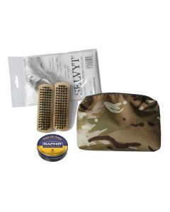 Boot / Shoe Care Kit (Zipped Green Pouch, Brown Saphir Beaute Du Cuir Parade Gloss, Selvyt + 2 Brushes)