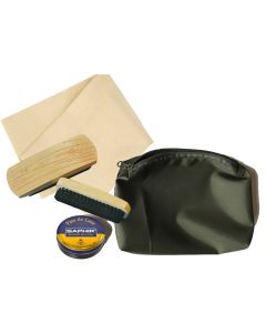 Boot / Shoe Care Kit (Zipped Green Pouch, Brown Saphir Beaute Du Cuir Parade Gloss, Selvyt + 2 Brushes)