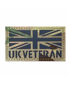 UK Veteran patch featuring black laser cut Union Jack and text on MTP camo, Velcro backing