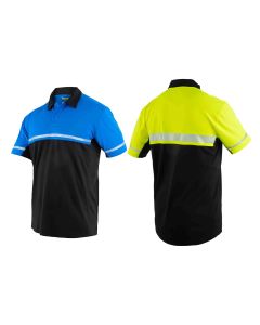 first-tactical-high-visibility-polo-t-shirts,-blue-front-facing-on-the-left-and-rear-view-of-yellow-on-the-right