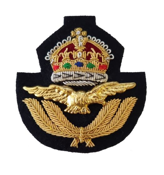 RAF Officers Forage Cap Badge - Kings Crown - Wire Embroided