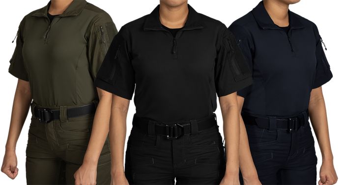 short-sleeve-defender-women's-shirts,-from-left-to-right,-od-green,-black,-and-midnight-navy