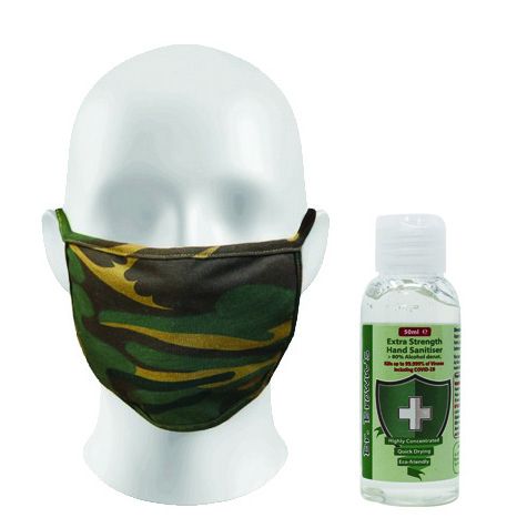 Camouflage Face Mask + 50ml Extra Strength Hand Sanitiser (80% Alcohol)