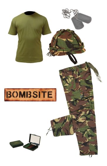 Kids Army Camo Pack 10 - Tshirt, Pants, Helmet, Dog Tags, Camo Paint and Bombsite Sign