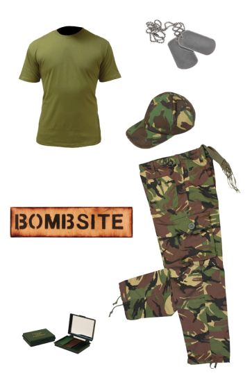 Kids Army Camo Pack 7 - Tshirt, Pants, Cap, Dog Tags, Camo Paint and Bombsite Sign