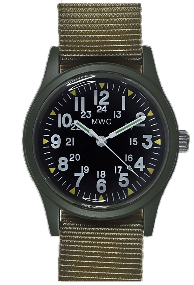 MWC Classic 1960s 70s Pattern Olive Vietnam Watch on Matching Khaki Webbing Strap