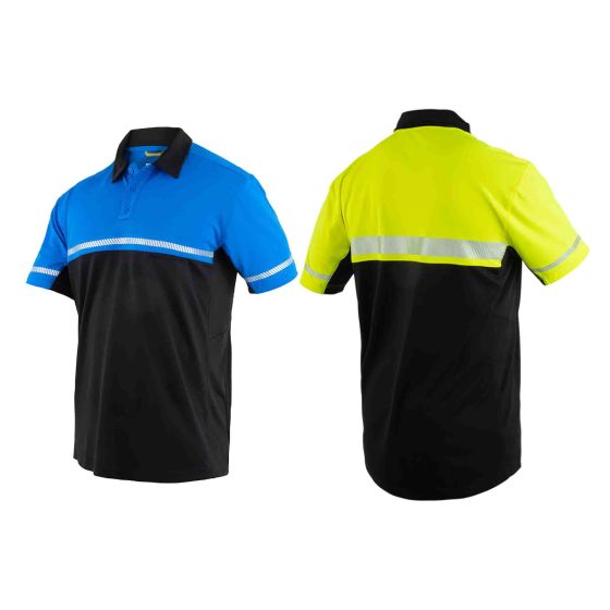 first-tactical-high-visibility-polo-t-shirts,-blue-front-facing-on-the-left-and-rear-view-of-yellow-on-the-right