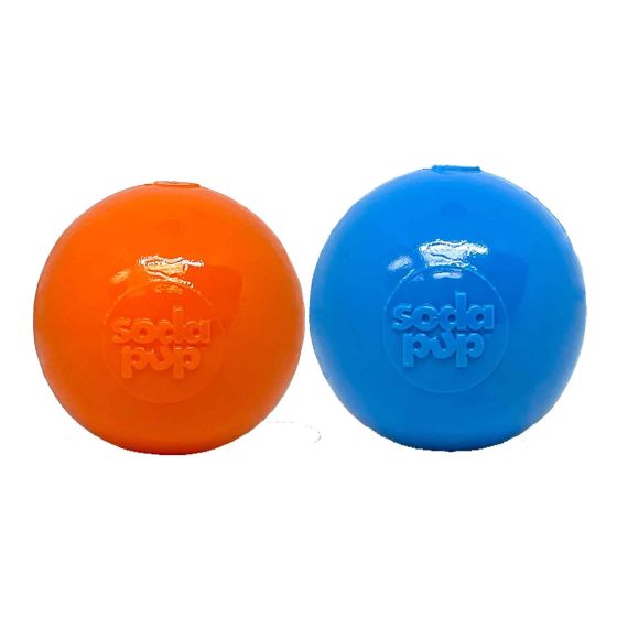 sodapup-squeak-ball,-orange-on-the-left-and-blue-on-the-right