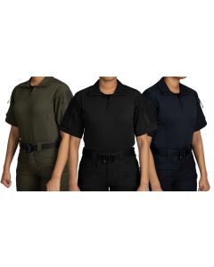 short-sleeve-defender-women's-shirts,-from-left-to-right,-od-green,-black,-and-midnight-navy