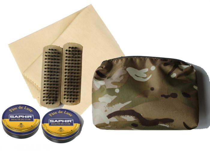 Military Boot Care Kit (Zipped MTP Pouch, Black and Brown Saphir Beaute Du Cuir Parade Gloss, Selvyt + 2 Brushes)
