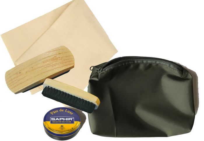 Boot / Shoe Care Kit (Zipped Green Pouch, Brown Saphir Beaute Du Cuir Parade Gloss, Selvyt + 2 Brushes)