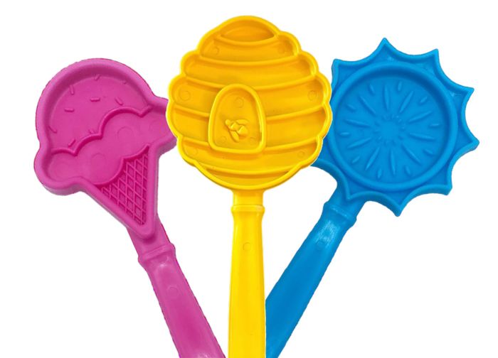 sodapup-lickstick-from-left-to-right,-pink-ice-cream-cone,-yellow-honeycomb,-blue-flower