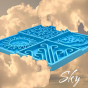 Sodapup-Sky-Design-Lickmat-with-clouds-behind-it-and-the-words-'sky'-